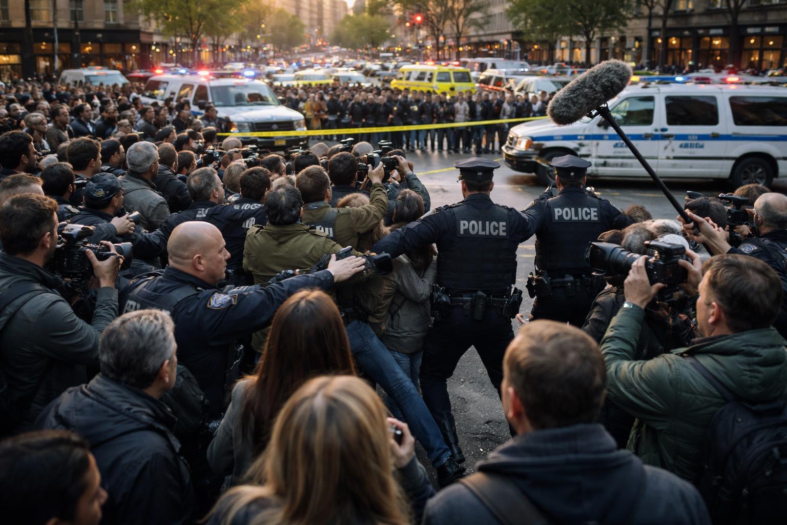 An active crime scene where crowd of bystanders and journalists are being pushed back by police officers in New Newmanton Town Square. The crime scene itself is not visible, obscured by the crowd, ambulances and police cars