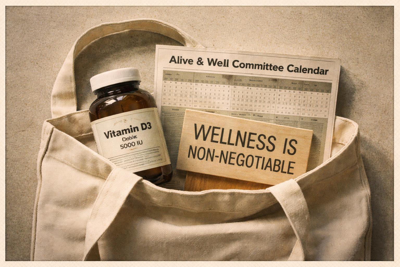 A display of Alive & Well PAC's signature member welcome kit: a branded canvas tote containing a 90-count bottle of Vitamin D3, a laminated committee calendar, and a small placard reading 'Wellness Is Non-Negotiable.'