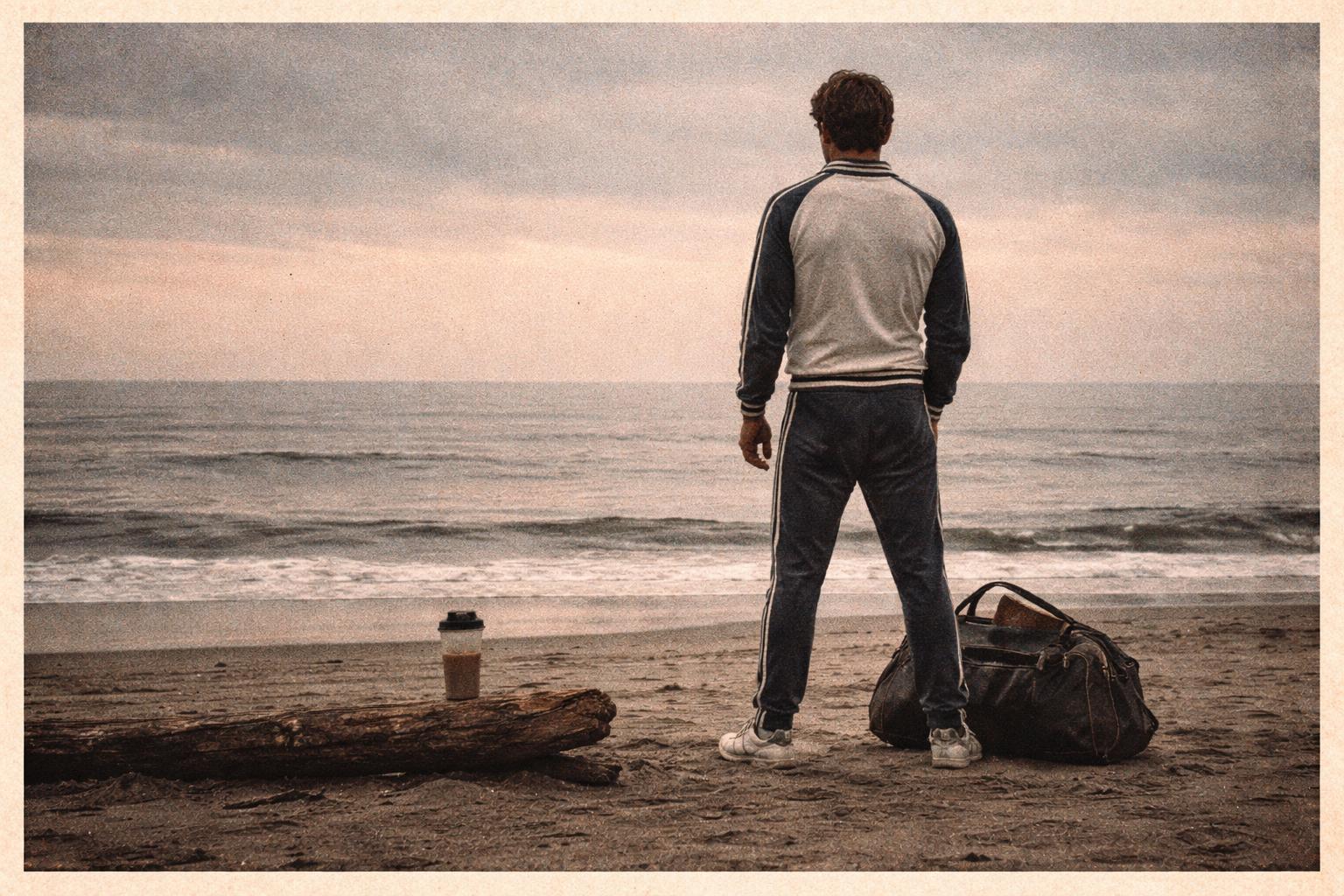 A stock image of a man in athletic wear staring at a sunrise, available royalty-free from a vendor whose terms of service contain fourteen pages of arbitration clauses.