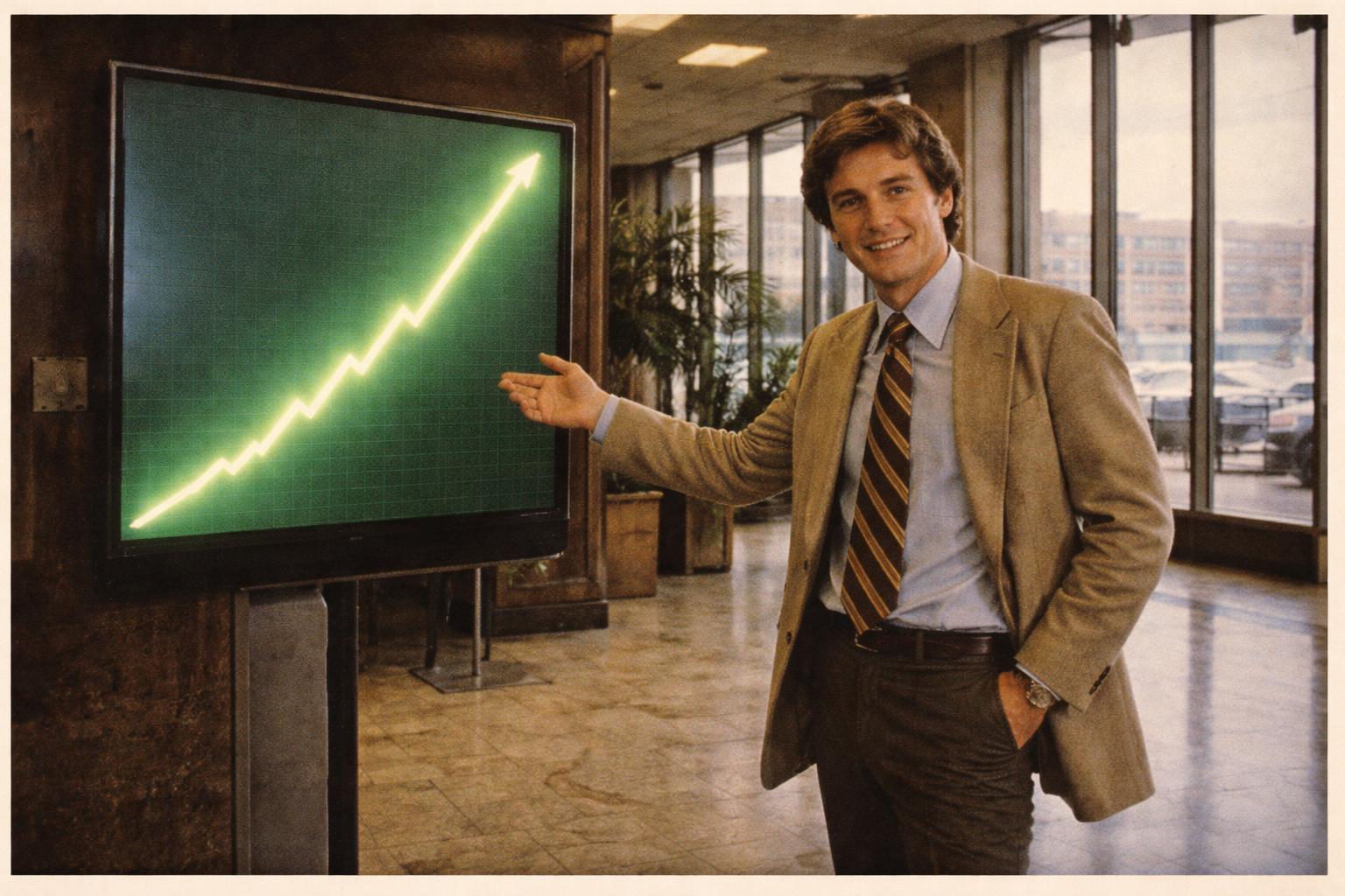A smiling CryptoPlus representative gestures toward a large touchscreen displaying an upward-trending graph with no labeled axes, in the lobby of the Mercantile Exchange Building, Gnu.