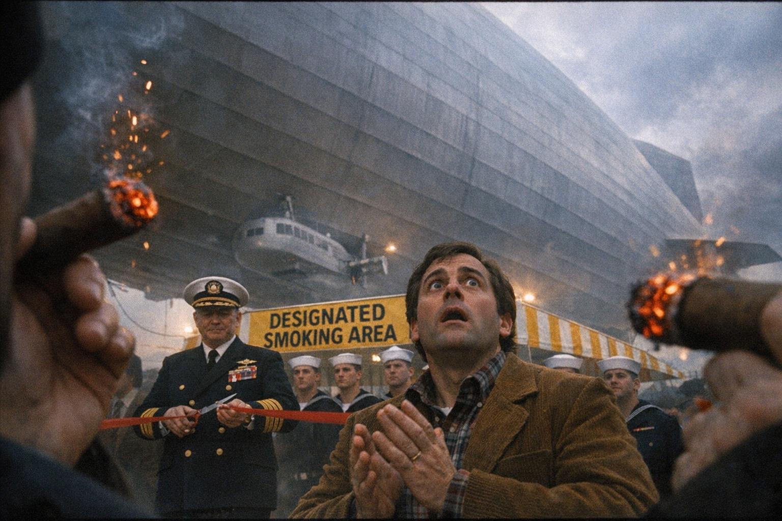 Admiral William Tetch ceremonially christens the USS Uplift, the Navy's first hydrogen-filled zeppelin, as sailors smoke cigars in the designated smoking area beneath the vessel during its maiden commissioning at Gnu Harbor.