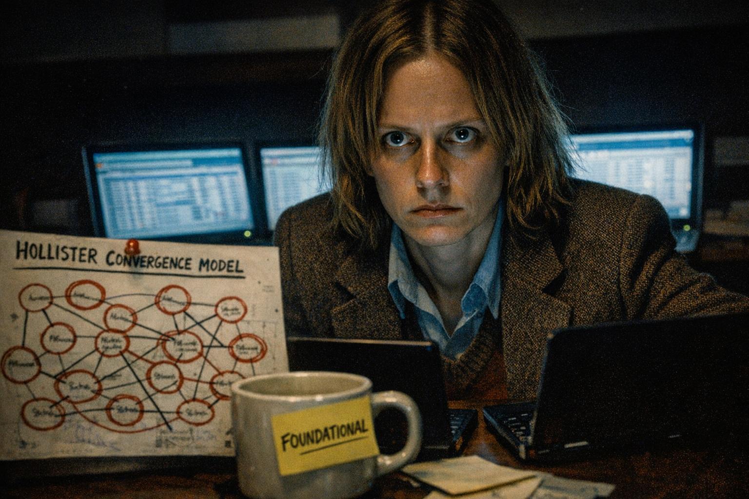Wren Hollister's desk on Tuesday, containing three open laptops, a diagram labeled 'Hollister Convergence Model,' and an empty mug with the word 'FOUNDATIONAL' written on a sticky note affixed to the handle.