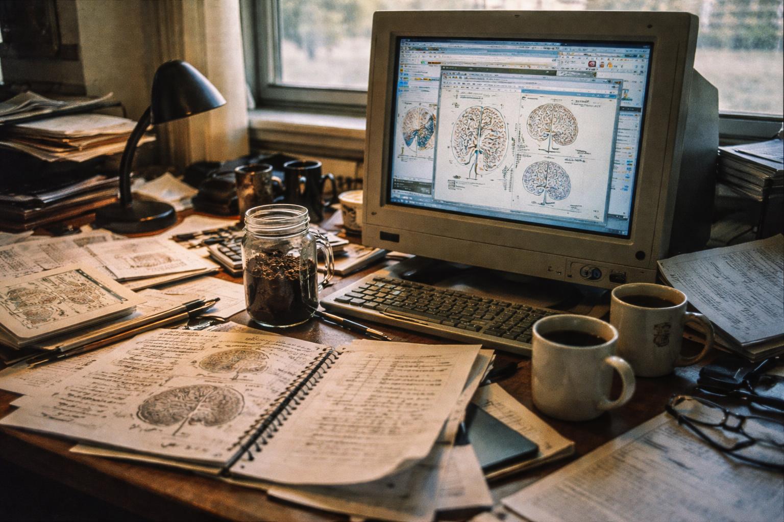 Wren Hollister's desk on Tuesday, showing three open browser tabs, a printed diagram of the entorhinal cortex with the words 'PARTS NODE??' written in the margin, and a mason jar of dark soil whose origin is not confirmed.