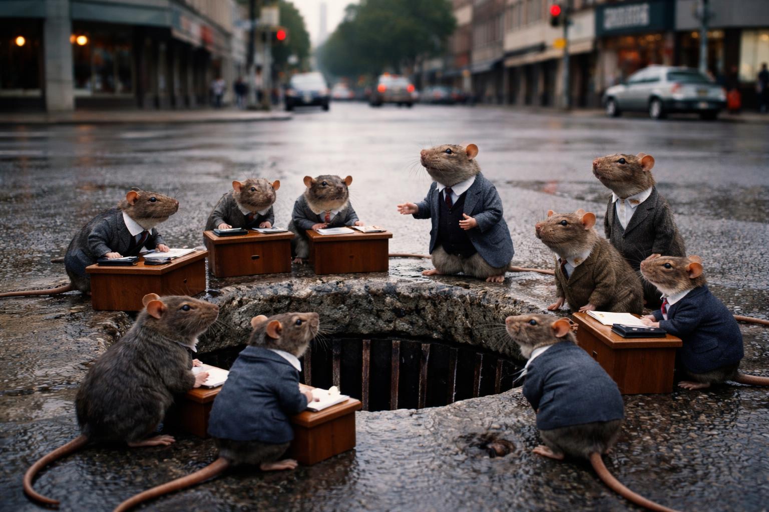 Members of the New Newmanton Rat Cooperative's Fourth Ward delegation gather near the storm drain at the intersection of Fourth and Merchant Streets on Wednesday.
