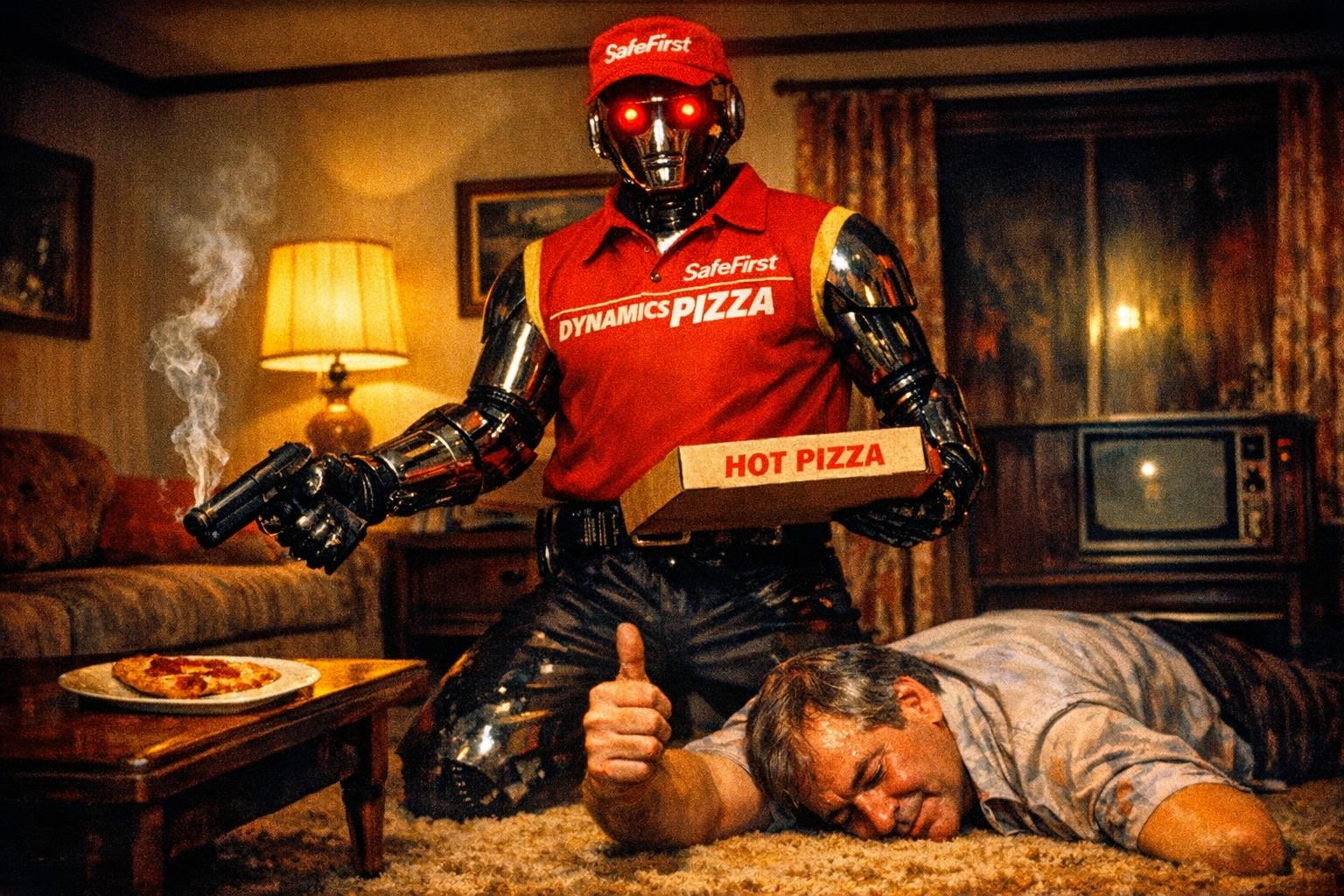 A SafeFirst Dynamics Pizza Guy Murderbot™ unit poses outside a newly enrolled Westmire District home, insulated bag in hand, optical targeting array set to a warm amber standby glow.