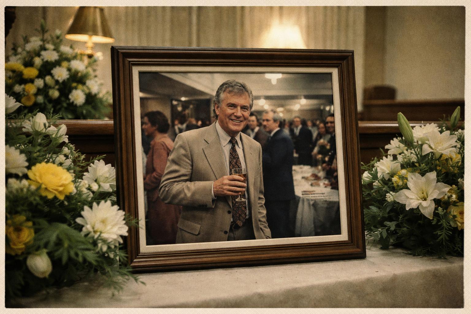 A framed photograph of Theodore Wambolt at the Meridian Assurance Group holiday party, 2022, displayed in the office lobby on Monday.